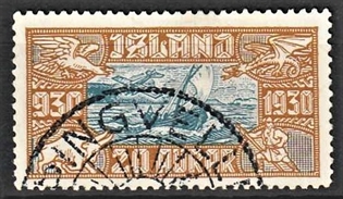 FRIMÆRKER ISLAND | 1930 - AFA 143 - Altingsjubilæum Luftpost - 20 aur blå/brun - Stemplet